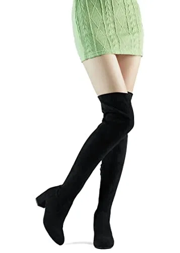 Shoe'N Tale Women Stretch Suede Chunky Heel Thigh High Over The Knee Boots(5,Balck 2.4'' Heel)