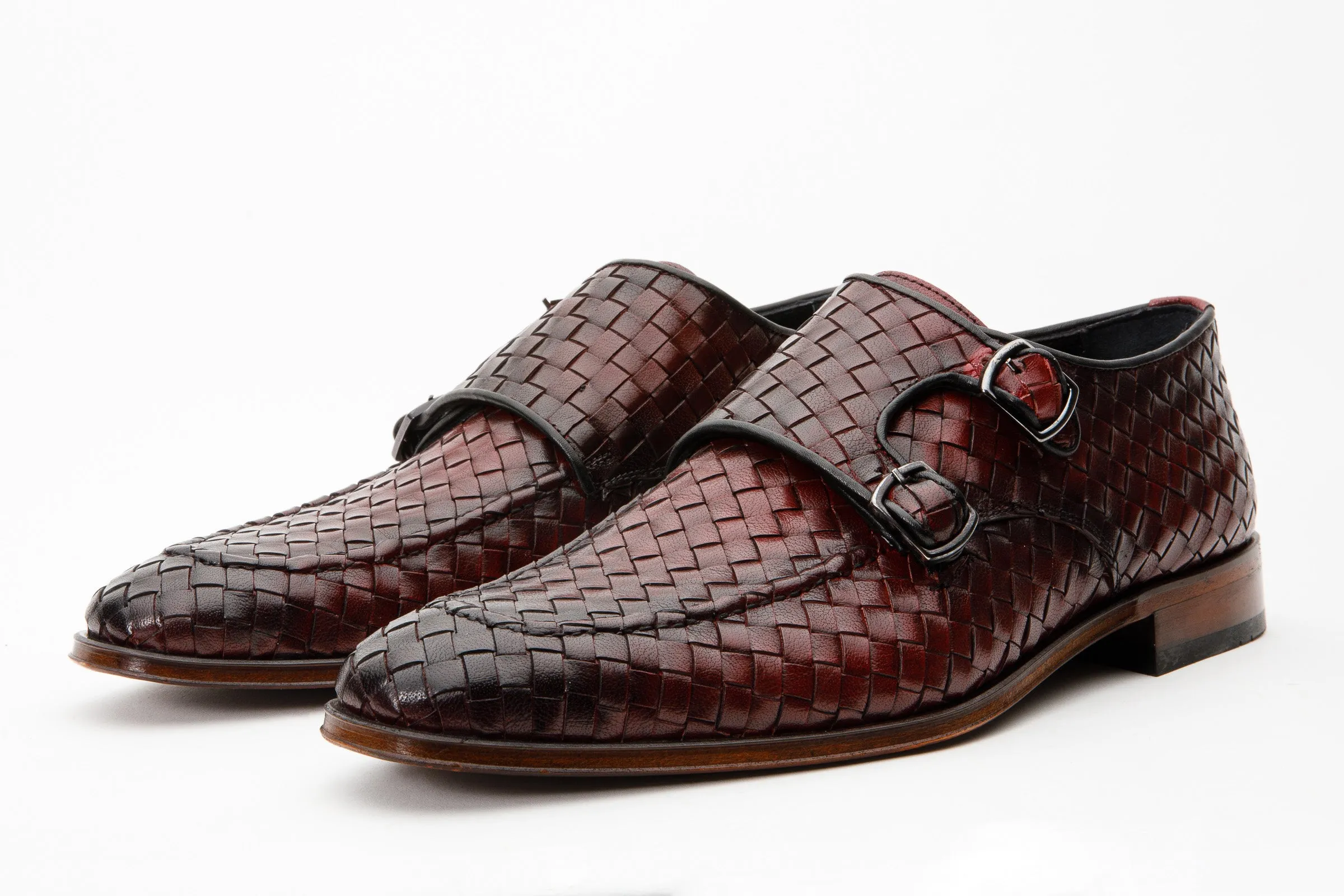 The Turan Burgundy Woven Double Monk Strap Dress Men  Shoe