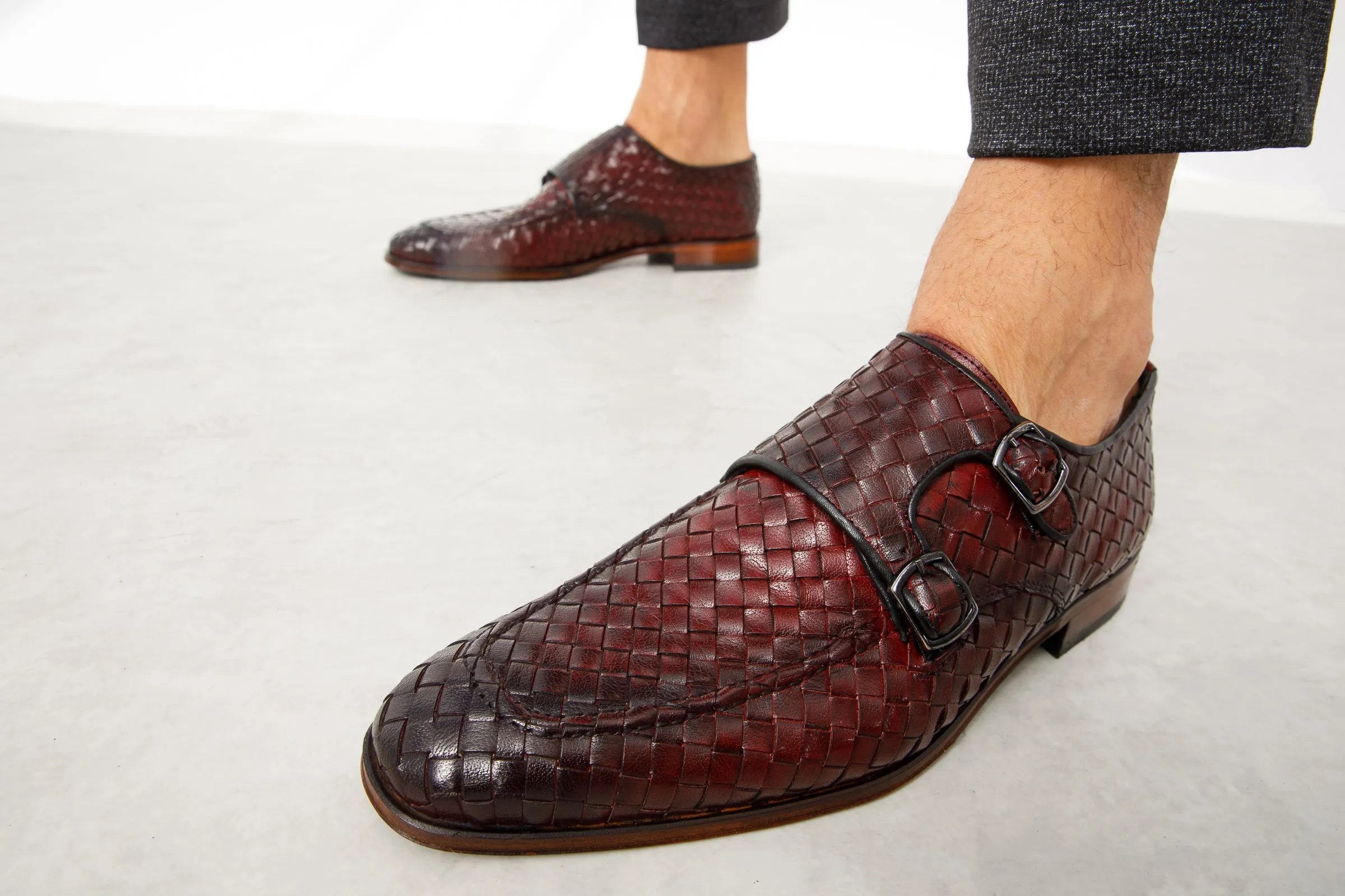 The Turan Burgundy Woven Double Monk Strap Dress Men  Shoe