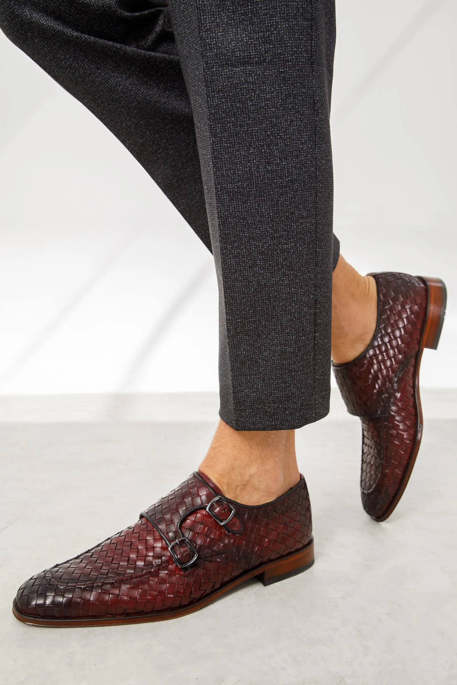 The Turan Burgundy Woven Double Monk Strap Dress Men  Shoe