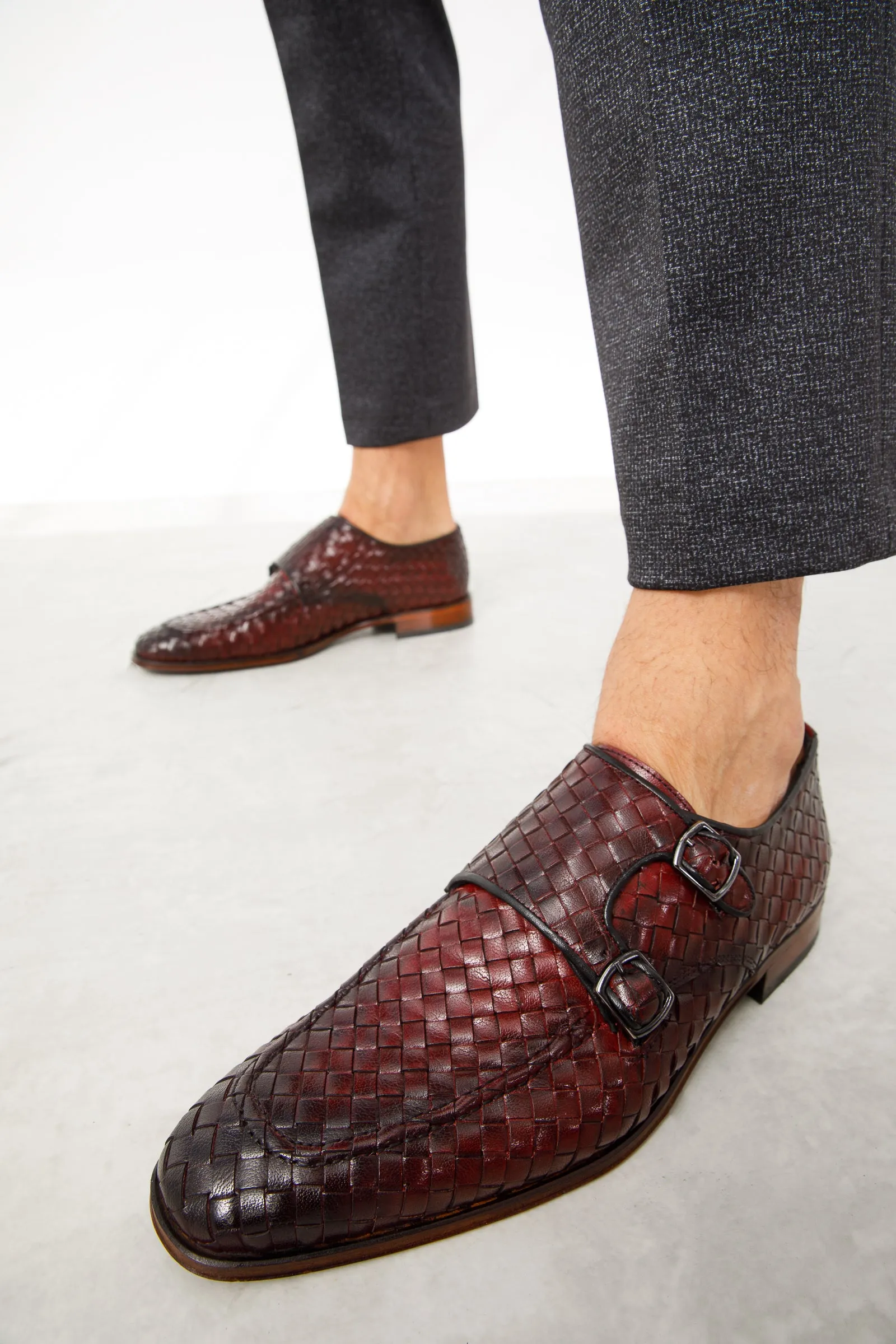 The Turan Burgundy Woven Double Monk Strap Dress Men  Shoe