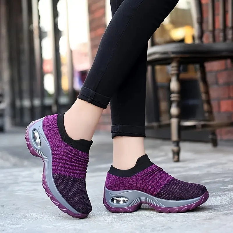 Ultra-Comfortable Women's Slip-On Sneakers - Breathable, Lightweight, Air Cushion Sole, Knit Upper, Easy Walking Shoes for Casual Outings, Travel, and Fitness Activities