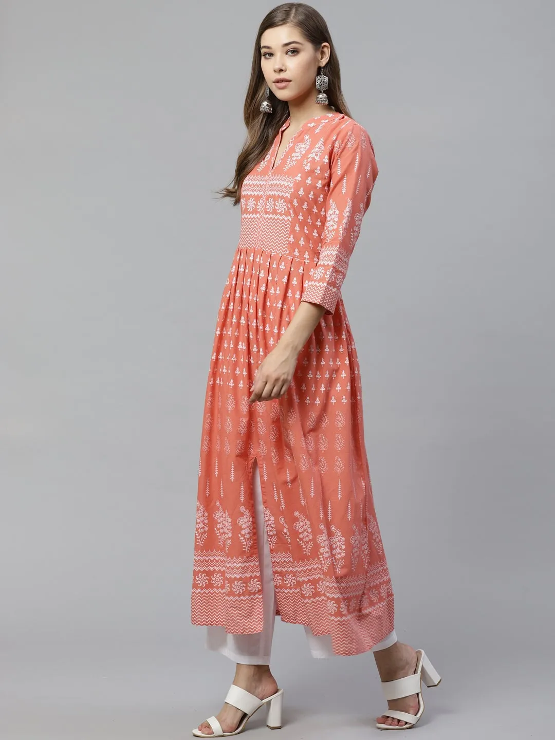 Women'S Pink A Line Printed Cotton Kurta