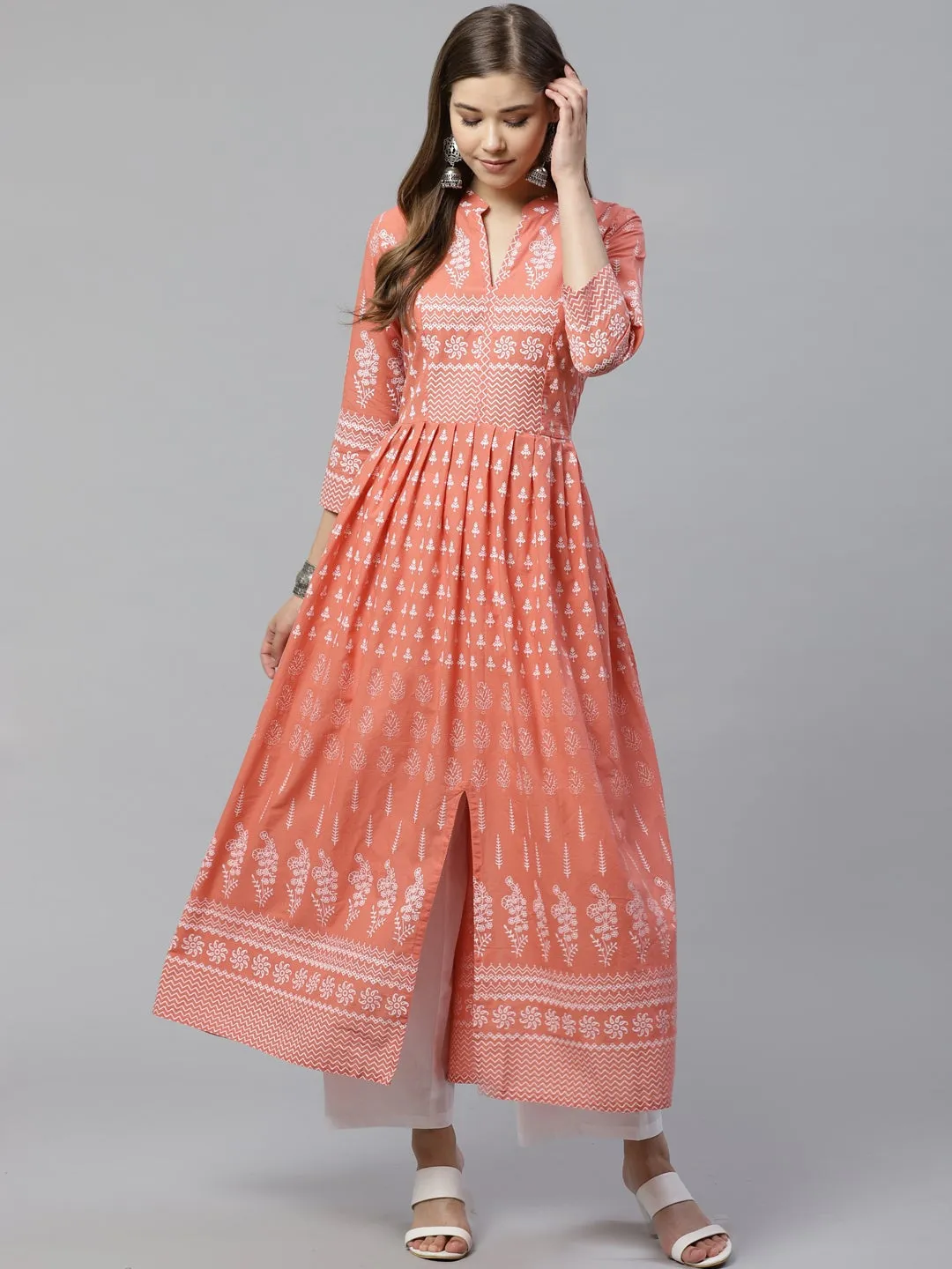 Women'S Pink A Line Printed Cotton Kurta