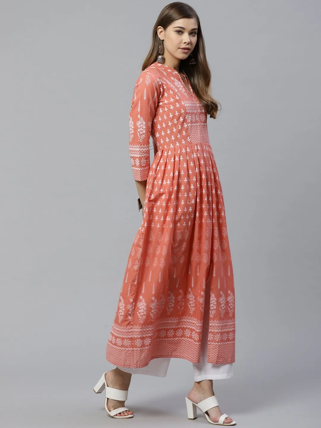 Women'S Pink A Line Printed Cotton Kurta