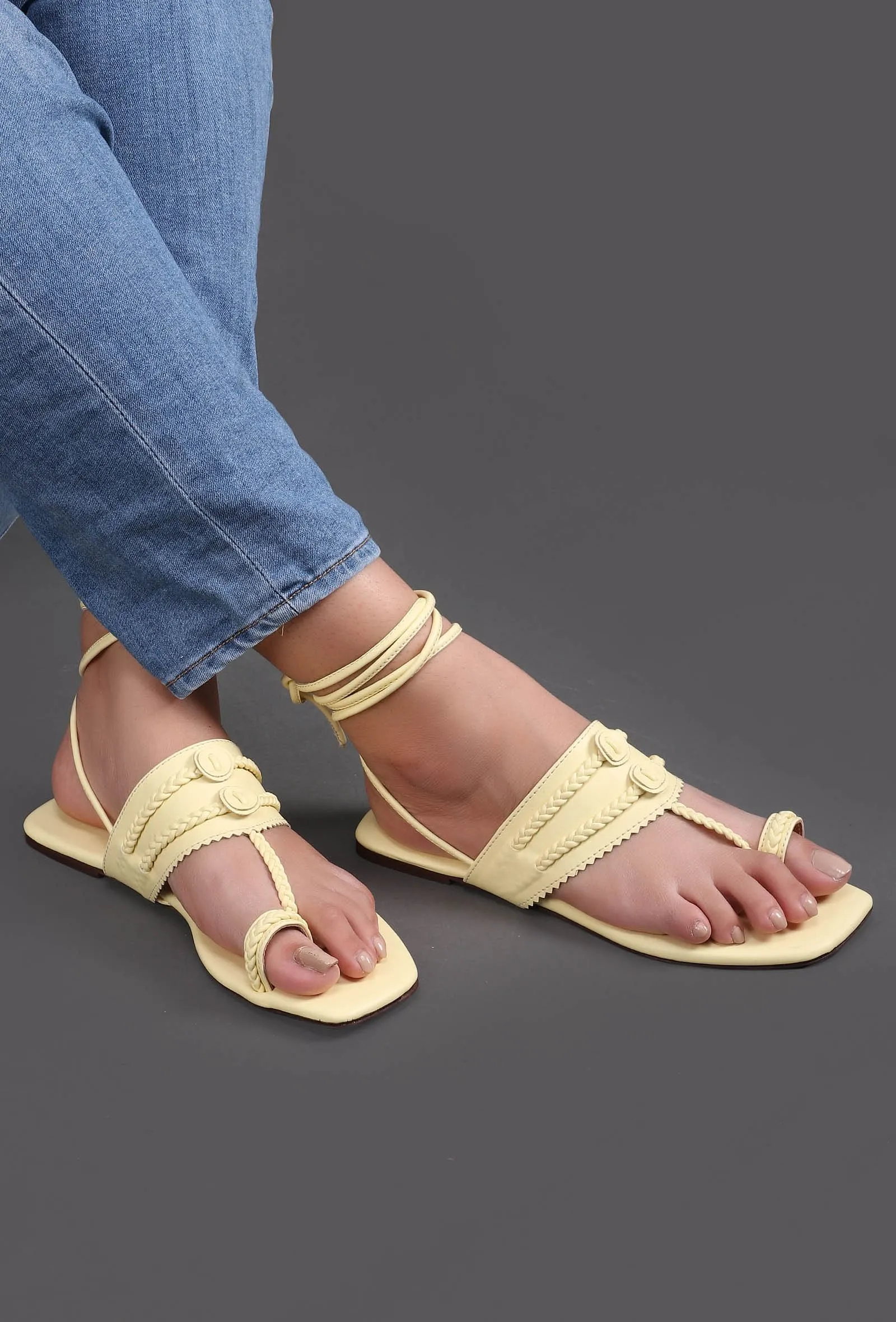 Yellow Kolhapuri Tie Up Flats