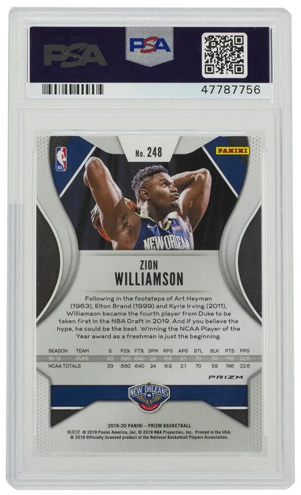 Zion Williamson 2019 Panini Prizm #248 Pelicans Silver Prizm Card PSA Mint 9